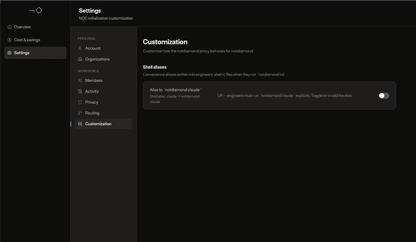 Shell alias toggle in Settings → Customization